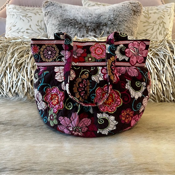 VERA BRADLEY Mod Pink 2007 Morgan Shoulder Bag 2 Handle Brown Pink Floral 70s - Picture 5 of 13